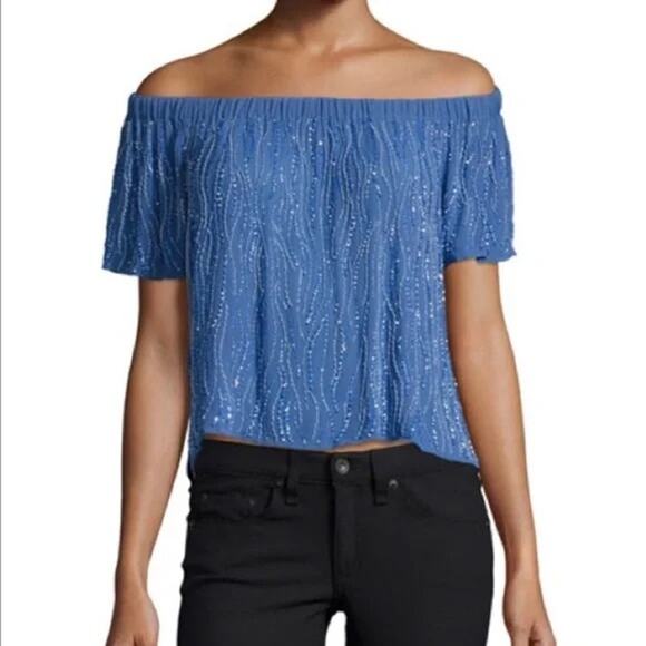Parker NWT Royal Blue Beaded Embellished Off the Shoulder Sheer Top - Picture 1 of 16